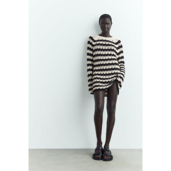 Black Cream Striped Pointelle Open Knit Long Sleeve Pullover Tunic Sweater (NWT) - Picture 1 of 7